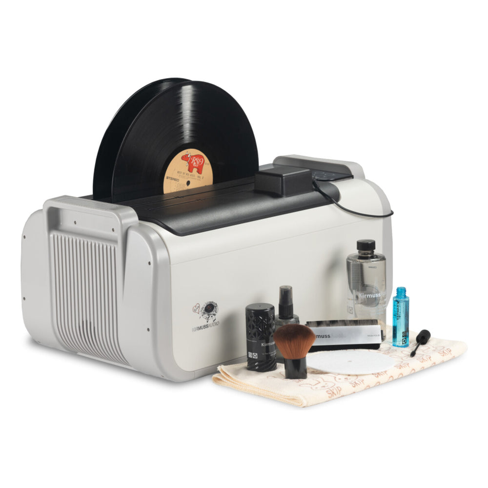Kirmuss Audio - KA-RC-1 - Ultrasonic Record Cleaning Machine Australia with records loaded and the supplied accessories