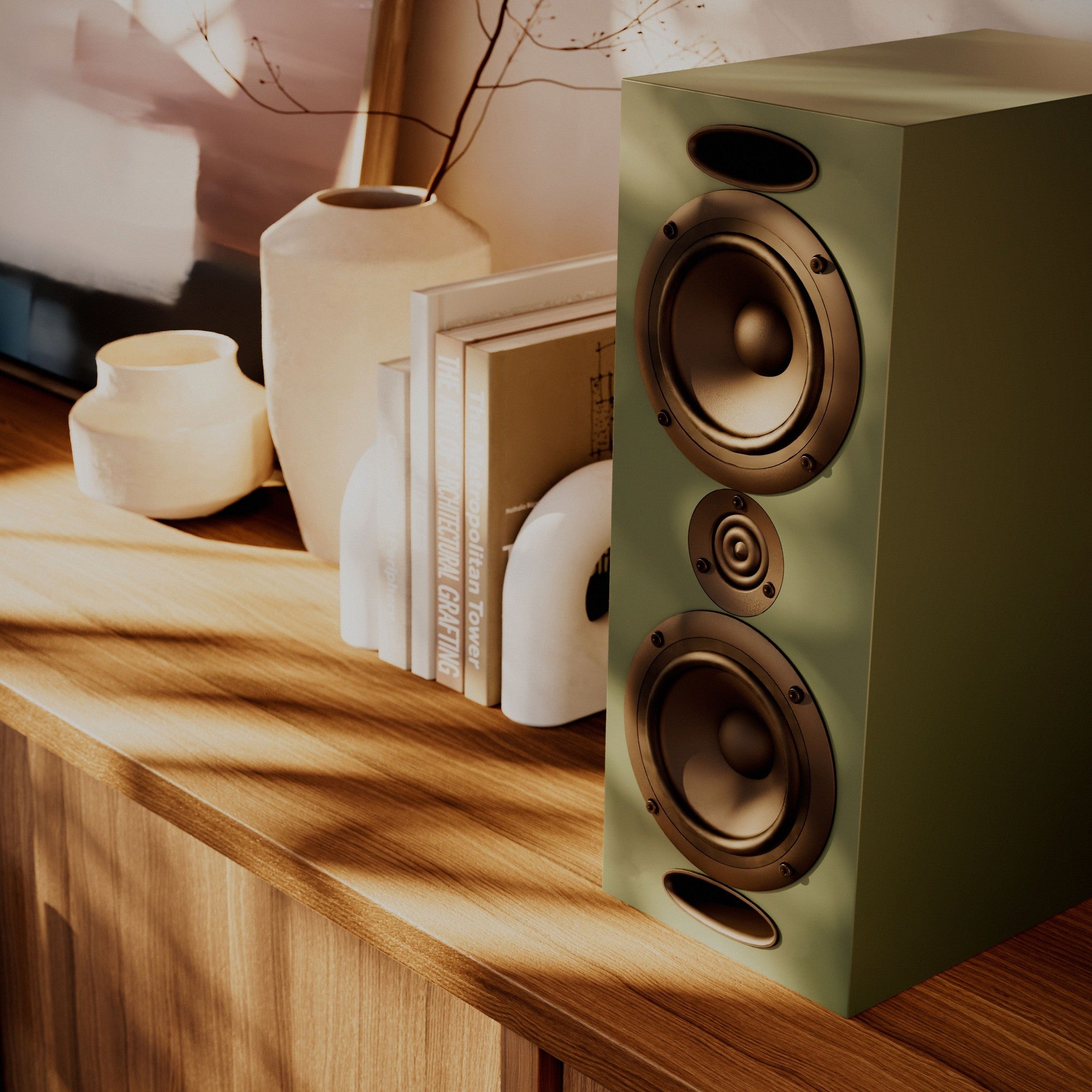 Krix - Acoustix Evara - Bookshelf Speakers Australia Studio Green finish on a sideboard