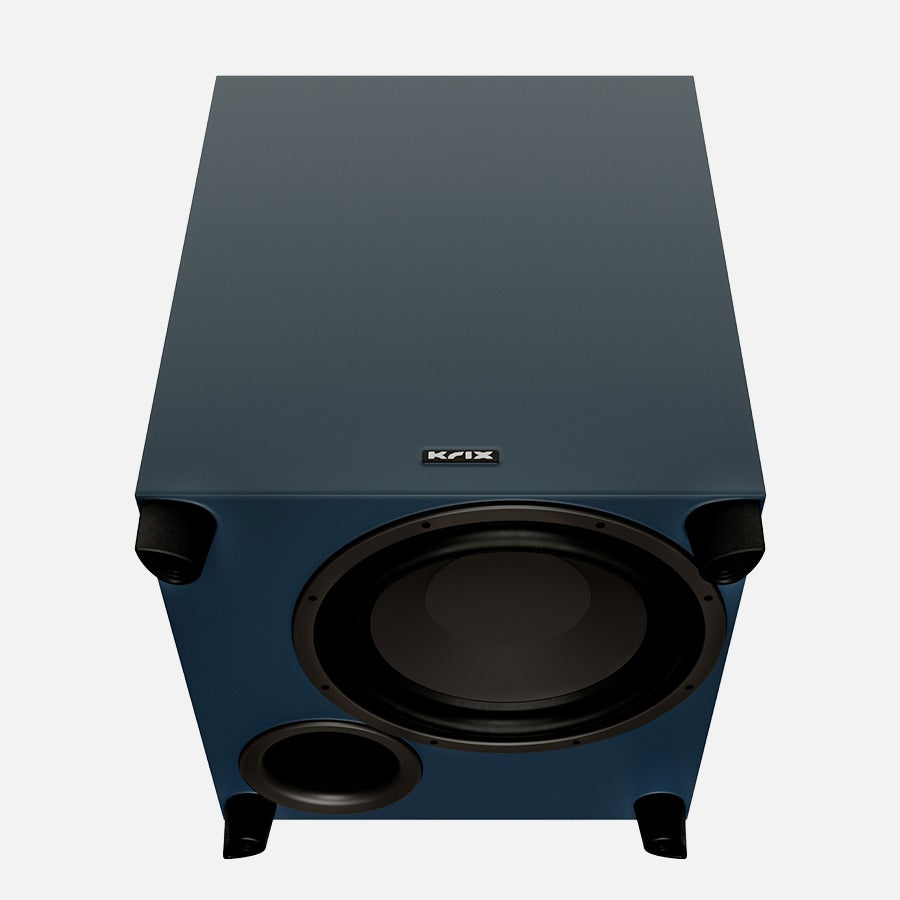 Krix - Seismix 3 Downfiring Evara - Subwoofer Australia Studio Navy finish, underside showing the down-firing driver