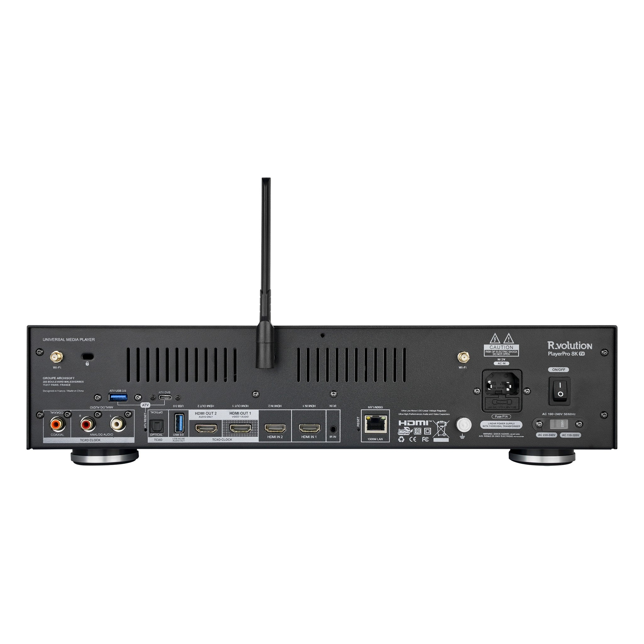 R_volution - PlayerPro 8K TV - Media Player Australia rear connections with antenna