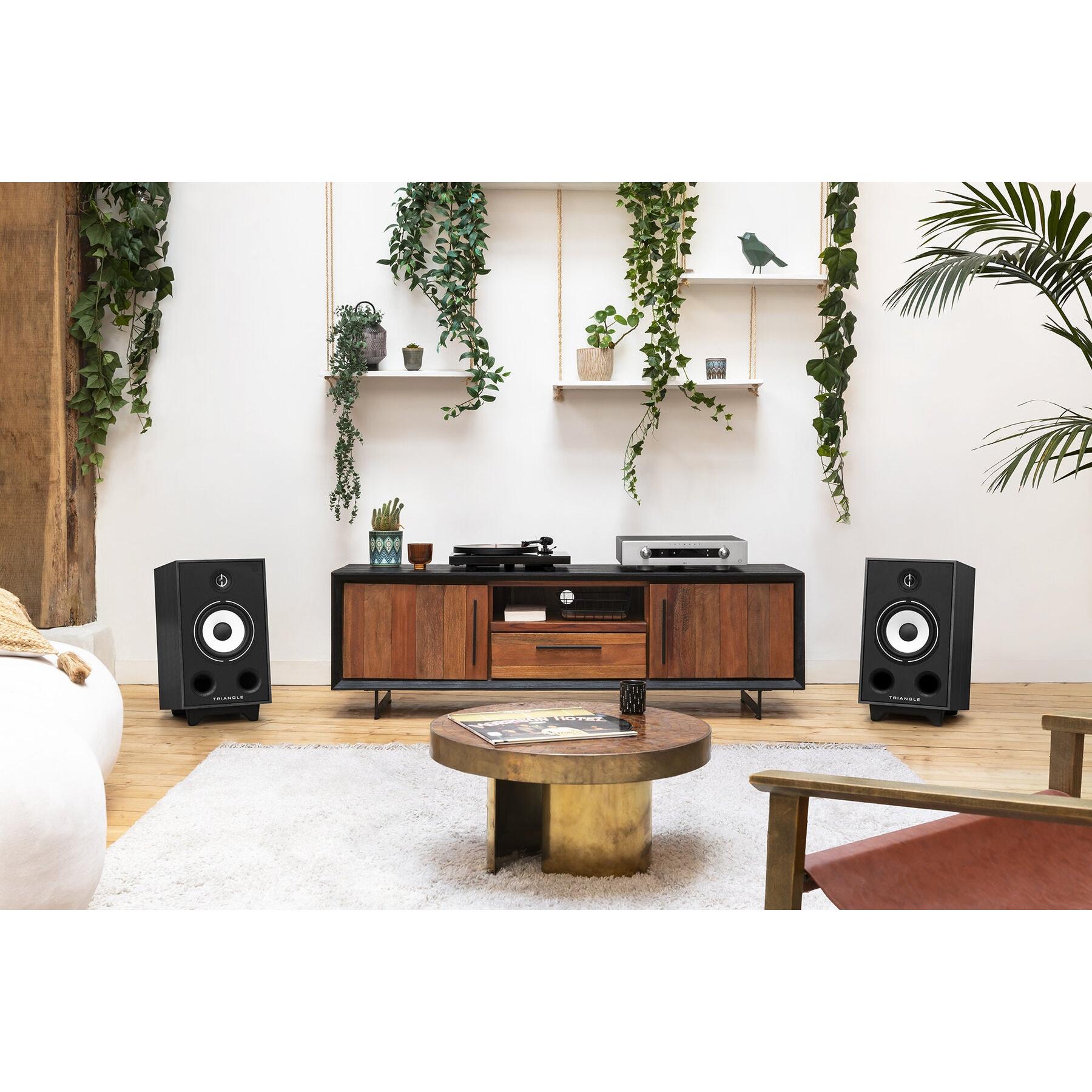 Triangle - BR05 - Bookshelf Speakers Australia Black Ash pair on the supplied bases either side of a media unit