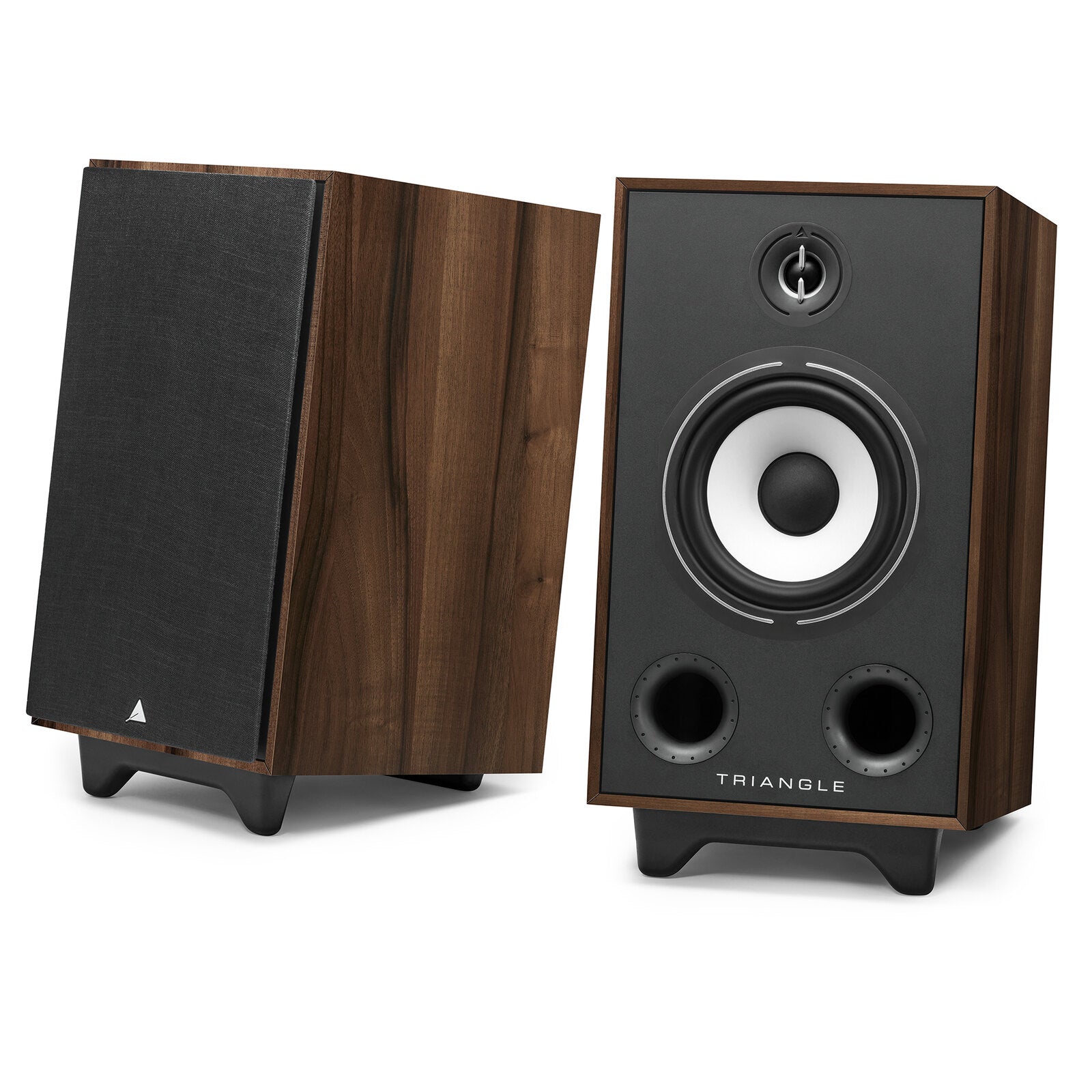 Triangle - BR05 - Bookshelf Speakers Australia Chestnut pair, one with magnetic grille fitted