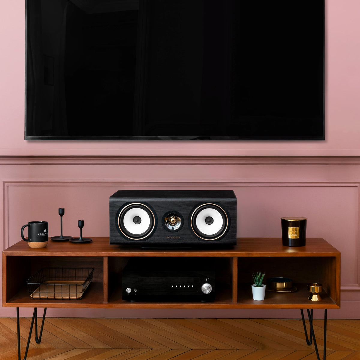 Triangle - Solstice C3 - Centre Speaker in Black Ash under a TV Australia